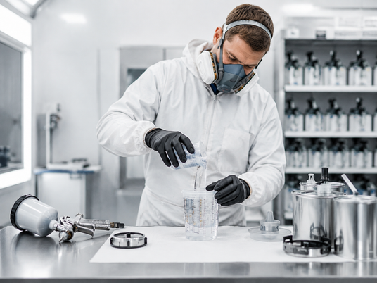 Professional automotive paint technician mixing paint in a bodyshop