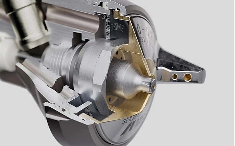 Cutaway view of an Anest Iwata spray gun nozzle and air cap assembly